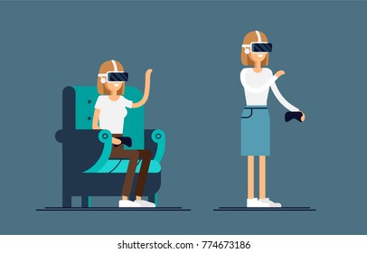 Cool vector concept on virtual reality headset in use. Girl experiences full immersion into virtual reality trying to touch non-physical object. Woman character enjoying VR device.