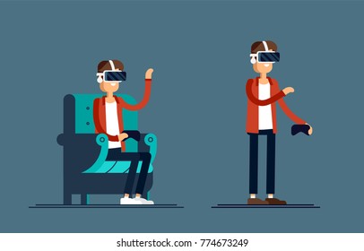 Cool vector concept on virtual reality headset in use. Guy experiences full immersion into virtual reality trying to touch non-physical object. Man character enjoying VR device