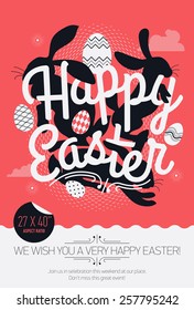 Cool vector concept printable poster or banner design on Happy Easter with sample text | Print template on Easter with creative lettering, bunny rabbit silhouettes and decorative ornamental eggs