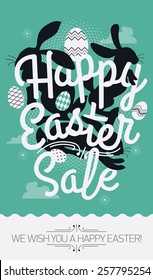 Cool vector concept printable poster or banner design on Happy Easter Sale with sample text | Print template on Easter seasonal discount with lettering, bunny rabbit silhouettes and decorative eggs