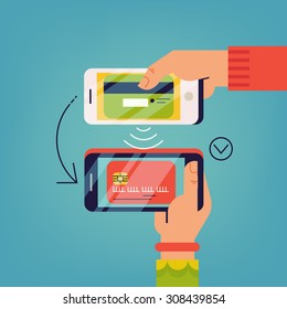 Cool vector contactless direct person to person payment using smart phone application and bank account credit card data | Concept design on people using their phones as electronic wallets