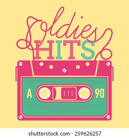 Cool vector creative colorful and detailed concept illustration on retro music and oldies hits with analogue audio cassette tape and lettering