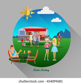 Cool vector day landscape in circle composition with trailer car, flat character of young people travelers. Student tourists friends, couple ready to their road trip. Woman and man having summer trip