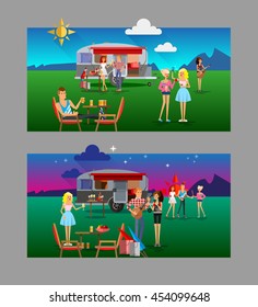 Cool vector day and night landscape with trailer car, flat character design of young people travelers. Student tourists friends and couple ready to their road trip. Woman and man having summer trip