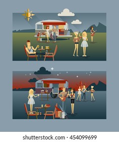 Cool vector day and night landscape with trailer car, flat character design of young people travelers. Student tourists friends and couple ready to their road trip. Woman and man having summer trip