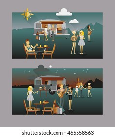 Cool vector day and night landscape with trailer car, flat character design of young people travelers. Student tourists friends and couple ready to their road trip. Woman and man having summer trip