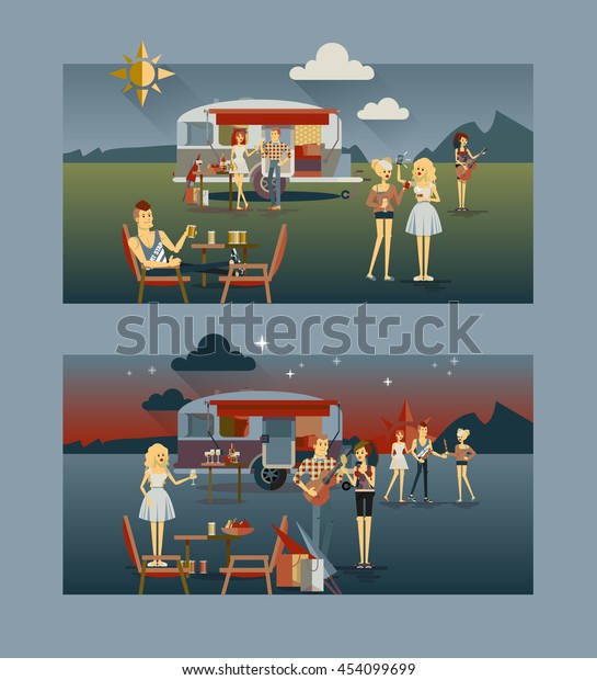 Cool vector day and night landscape with trailer\
car, flat character design of young people travelers. Student\
tourists friends and couple ready to their road trip. Woman and man\
having summer trip