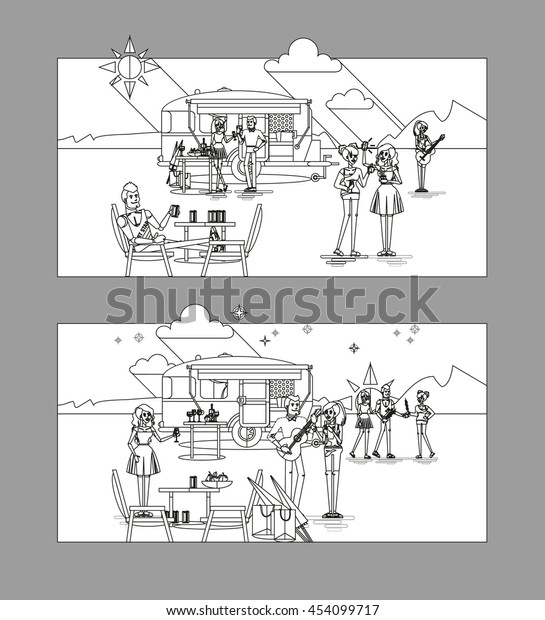 Cool vector day and night landscape with trailer\
car, flat character design of young people travelers. Student\
tourists friends and couple ready to their road trip. Woman and man\
having summer trip