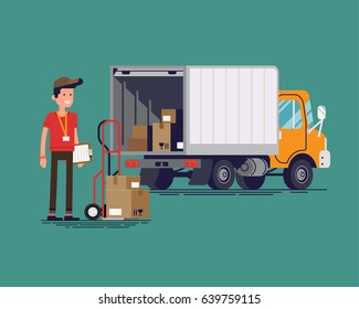 Cool vector delivery or shipping flat concept design featuring light duty trailer truck with open tail gate with goods inside and courier male character with loaded delivery cart