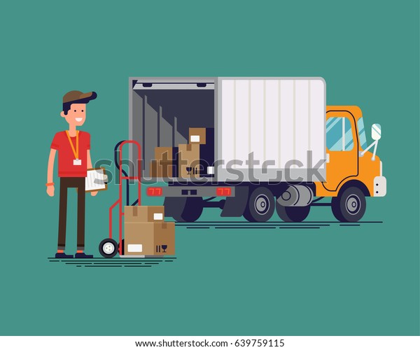 Cool\
vector delivery or shipping flat concept design featuring light\
duty trailer truck with open tail gate with goods inside and\
courier male character with loaded delivery\
cart
