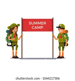 Cool vector design element on kids summer camp with couple of caucasian kids wearing hiking backpacks and scout uniform holding 'Summer Camp' sign