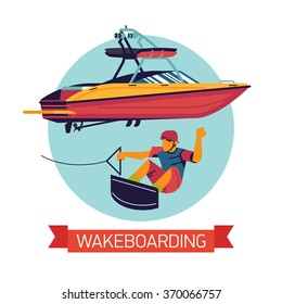 Cool vector design element on wakeboarding and wakesurfing with tow motorboat and abstract surfer character person riding board floating in the air while performing jumps and tricks