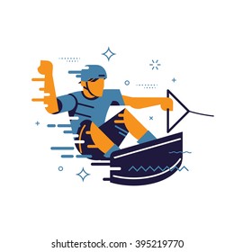 Cool vector design element on wakeboarding and wakesurfing with abstract surfer character riding board in the air while performing jumps and tricks. Wakeboard label, sticker or insignia template