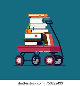 Cool vector design element on kids reading, learning, knowledge and education with large pile of books stacked on toy wagon