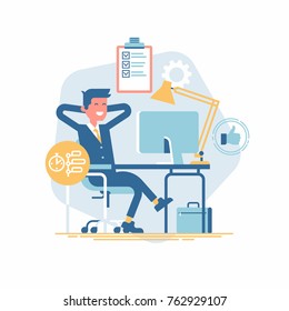 
Cool vector design element on time and task management with relaxed successful office worker satisfied with his productivity