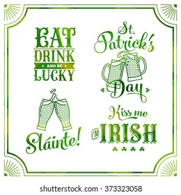 Cool vector design elements on Saint Patrick's Day with decorative items and sayings. Ideal for St. Patrick's day party invitations, flyers, banners and posters