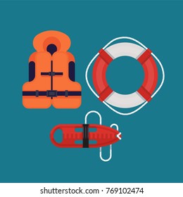 Cool Vector Design Elements On Safety On Water. Rescue Lifesavers Illustrations In Flat Design Featuring Life Jacket, Lifebuoy Ring And Torpedo Lifeguard Buoy 