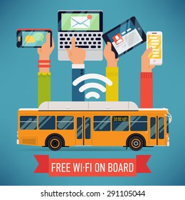 Cool Vector Detailed Creative Concept Design On City Bus With Wi-fi Access. Internet In Mass Transit And Transport