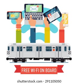 Cool vector detailed creative concept design on subway underground train car with wi-fi access. Internet in mass transit and transport