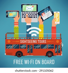 Cool vector detailed creative concept design on sightseeing touristic open top bus with wi-fi access. Internet in mass transit and transport