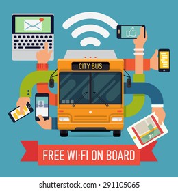 Cool Vector Detailed Creative Concept Design On City Bus With Wi-Fi Access. Internet In Mass Transit And Transport