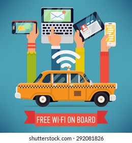 Cool vector detailed creative concept design on city taxi cab with wi-fi access. Internet on mass transit and transport