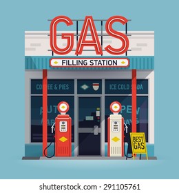 Cool  vector detailed flat design retro gas filling station illustration. Transport related service building  Gasoline and oil station