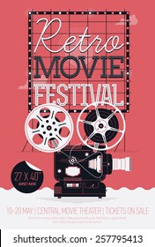 Cool vector detailed poster on retro movie festival event with cinema motion picture film projector with different film reels and lettering signboard on background
