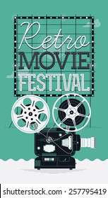 Cool vector detailed poster on retro movie festival event with cinema motion picture film projector with different reels and lettering signboard on background