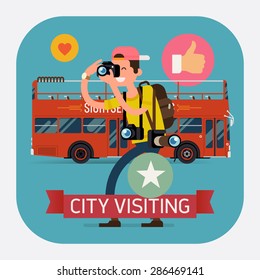 Cool vector detailed web icon on city visiting with professional photographer and double decker touristic city bus. Ideal for web publications, blogs and social media 