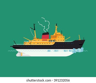 Cool vector diesel icebreaker ship. Special purpose boat for providing waterways through ice-covered waters. Polar waters ship for breaking ice. Arctic sea water transport. Antarctica exploration item