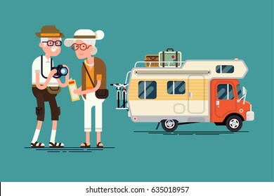 Cool vector elderly couple caravan road trip concept flat design elements. Trendy character design on grandparents having summer holidays trip. senior age travelers