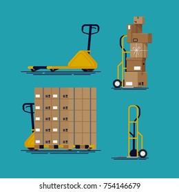 Cool vector empty and loaded pallet jack and delivery cart. Shipment, storage and logistics flat design element with stacked goods 