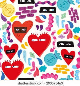 Cool vector fashionable pattern of hearts and graffiti elements in bright colors.