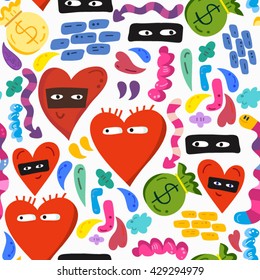 Cool vector fashionable pattern of hearts and graffiti elements in bright colors.