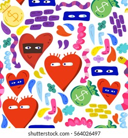 Cool vector fashionable pattern of hearts and graffiti elements in bright colors.
