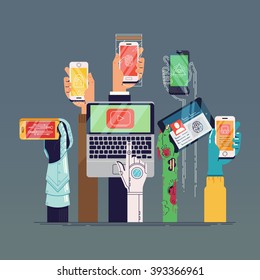 Cool vector fictional characters hands using mobile devices background image. Knight, zombie, detective, ghost, scientist, droid hands holding laptop, smart phone, tablet. Pop culture symbolic hands