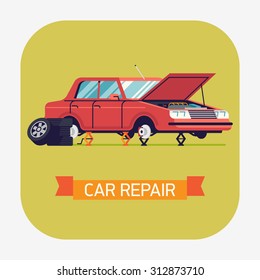 Cool vector flat car repair icon with sedan car standing on jacks without wheels and opened hood | Car service web icon with broken car | Tire changing or braking system repair illustration