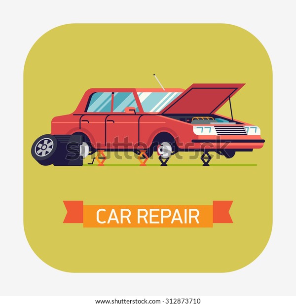 Cool vector flat car repair icon with sedan\
car standing on jacks without wheels and opened hood | Car service\
web icon with broken car | Tire changing or braking system repair\
illustration
