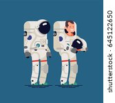 Cool vector flat character design on astronaut with helmet on and off. Male cosmonaut or space pilot standing full length, isolated