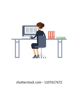 Cool vector flat character design on office business woman working in office behind her desk with desktop computer. Business woman using computer