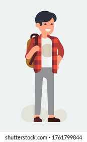 Cool vector flat character design on young adult male student. Casually clothed cheerful young man standing full length, carrying a rucksack