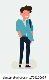 Cool vector flat character design on millennial guy. Casually clothed cheerful student standing full length wearing half tucked shirt and dark skinny jeans