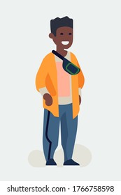 Cool vector flat character design on black millennial boy. Casually clothed cheerful African student standing full length wearing loose clothes, sneakers and waist bag on shoulder 