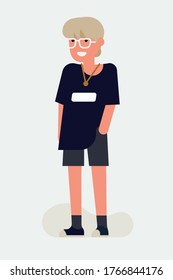 Cool vector flat character design on casually clothed cheerful millennial student.  Aesthetics fashion concept illustration with young adult man standing full length wearing black shorts and t-shirt