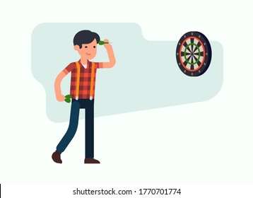 Cool vector flat character design on man playing darts, isolated
