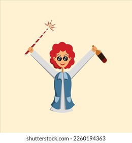 Cool vector flat character design on New Year or Birthday party with male and female characters having fun and having a toast. Vector Illustration. Cartoon Character.