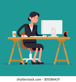 Cool vector flat character design on business woman working in office behind her desk with desktop computer and coffee in paper cup | Business woman using computer 