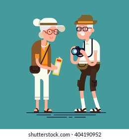 Cool vector flat character design on senior age travelers. Third age retired tourists couple standing. Grandparents having summer holidays trip. Old elderly people ready for sightseeing tour