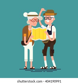 Cool vector flat character design on senior age travelers. Third age retired tourists couple checking their map. Elderly couple having city sightseeing tour. Old tourists reading a map